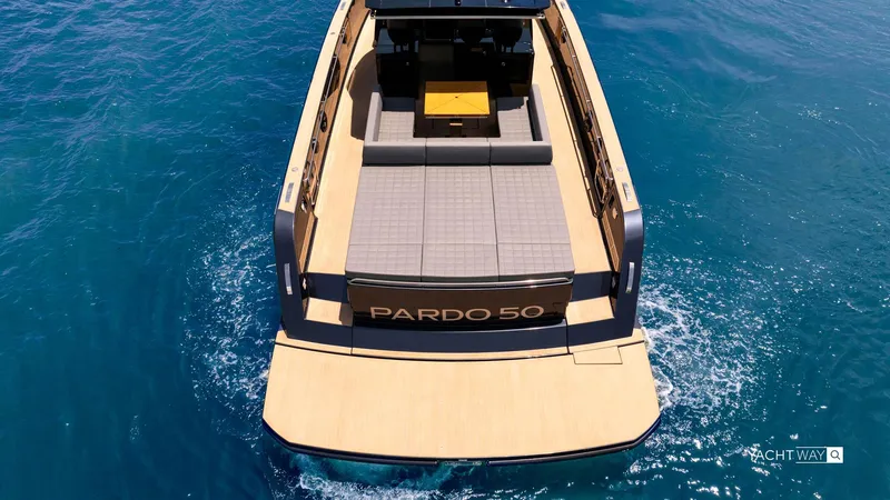 Available Now Yacht Photos Pics 2025 Pardo Yachts P50 luxury yacht on clear blue water, rear view.