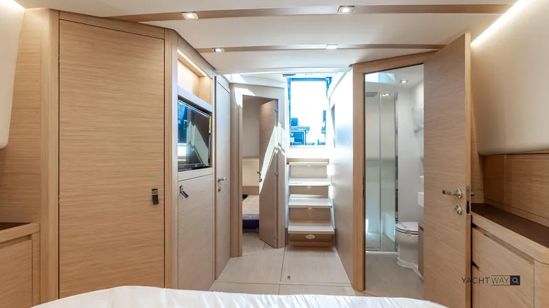 Available Now Yacht Photos Pics Luxurious interior of 2025 Pardo Yachts P50, featuring modern wood finishes and elegant design.