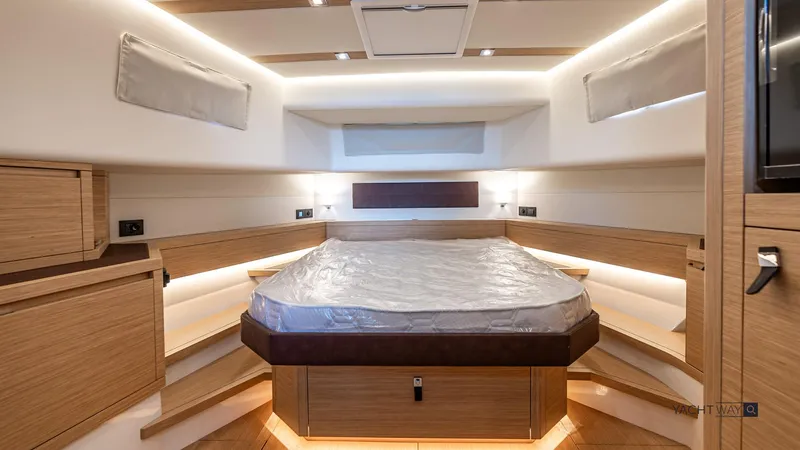 Available Now Yacht Photos Pics Luxurious cabin interior of 2025 Pardo Yachts P50 with modern wood finish.