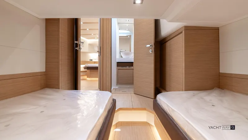 Available Now Yacht Photos Pics Luxurious interior of 2025 Pardo Yachts P50 with twin beds and modern design.