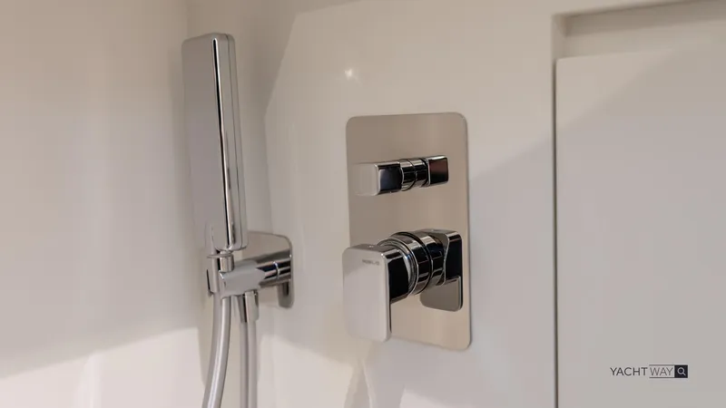 Available Now Yacht Photos Pics Chrome shower controls on 2025 Pardo Yachts P50, featuring sleek modern design.