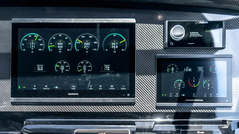 Available Now Yacht Photos Pics Dashboard of 2025 Pardo Yachts P50 with Garmin and Volvo Penta displays.