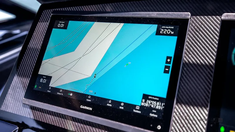 Available Now Yacht Photos Pics Garmin navigation display on 2025 Pardo Yachts P50, featuring a detailed nautical map.