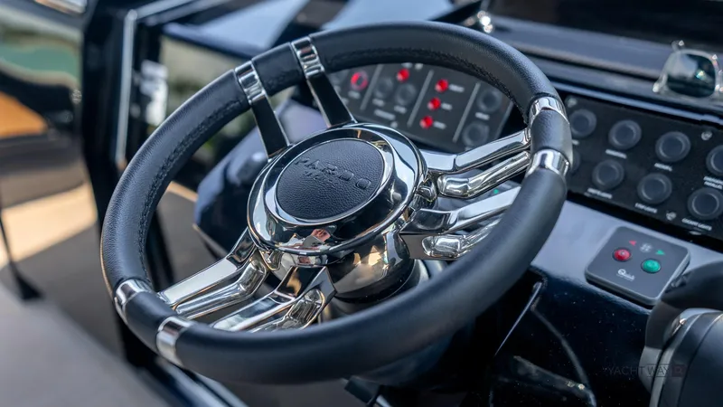 Available Now Yacht Photos Pics Steering wheel of 2025 Pardo Yachts P50, featuring sleek design and modern controls.
