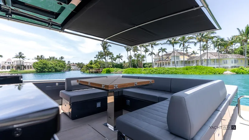 Available Now Yacht Photos Pics Luxurious 2025 Pardo Yachts P50 with elegant seating, scenic waterfront view, and modern design.