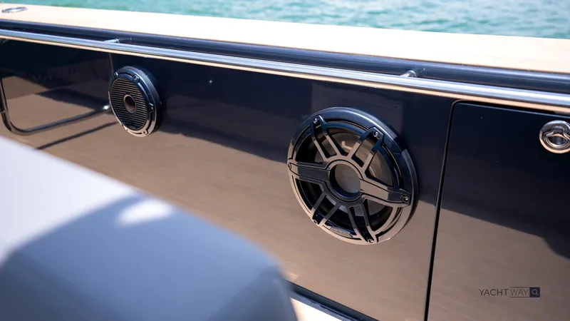 Available Now Yacht Photos Pics Speakers on the sleek exterior of a 2025 Pardo Yachts P50.