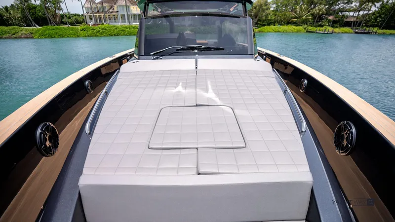 Available Now Yacht Photos Pics 2025 Pardo Yachts P50 luxury yacht with spacious sunbed on calm water.