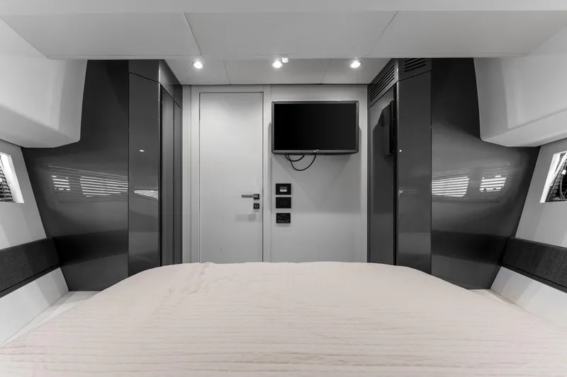 Why Knot Yacht Photos Pics Luxurious interior cabin of 2022 Azimut 47 VERVE yacht with modern design.