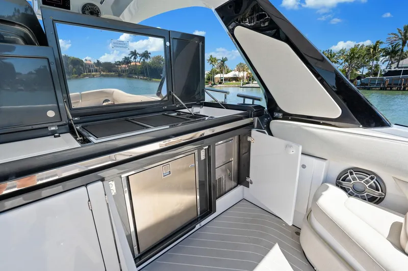 Why Knot Yacht Photos Pics Luxurious 2022 Azimut 47 VERVE yacht interior with modern amenities and scenic water view.