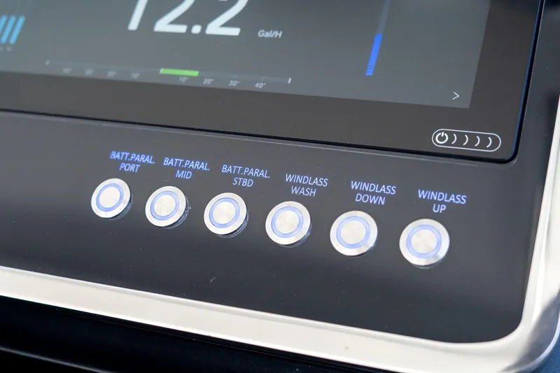 Why Knot Yacht Photos Pics Control panel of 2022 Azimut 47 VERVE yacht with various function buttons.