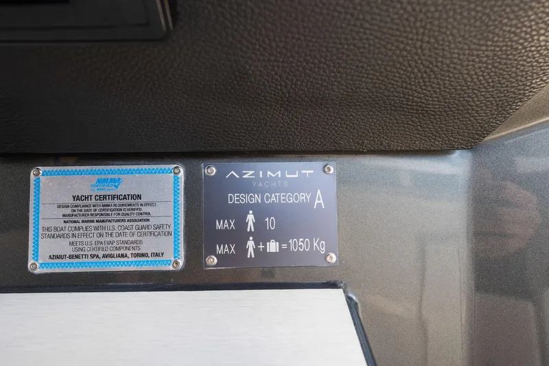 Why Knot Yacht Photos Pics Azimut 47 VERVE 2022 yacht certification and design category A plaque.