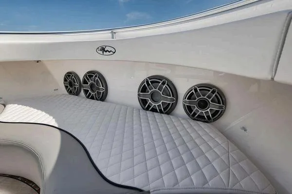  Yacht Photos Pics 2023 Valhalla Boatworks V-46 interior with quilted seating and four speakers.