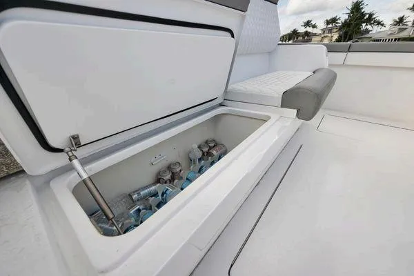 Yacht Photos Pics 2023 Valhalla Boatworks V-46 cooler with drinks, open on deck.