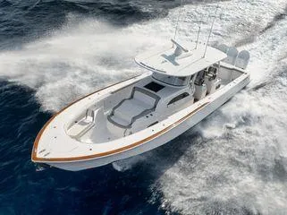  Yacht Photos Pics 2023 Valhalla Boatworks V-46 cruising on open water, showcasing sleek design and performance.