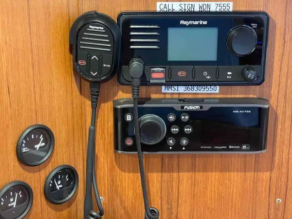 Top O Nok Yacht Photos Pics Boat control panel with Raymarine and Fusion systems, Tartan 395, 2020 model.