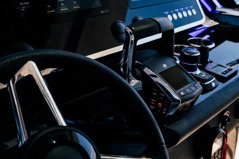  Yacht Photos Pics 2024 Azimut Verve 48 yacht cockpit with modern steering and controls.