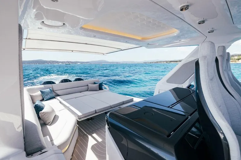  Yacht Photos Pics 2024 Azimut Verve 48 yacht interior with luxurious seating and ocean view.