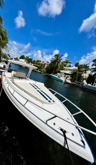 Galore Yacht Photos Pics 2006 Intrepid 323 Cuddy boat docked on a sunny day with palm trees and blue sky.