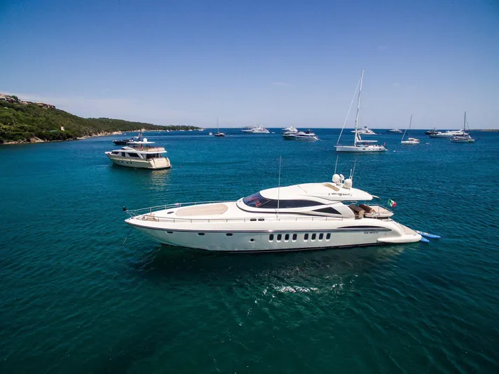 Allie Yacht Photos Pics Luxurious 2008 Alalunga Open 85 Sport X yacht on serene blue waters.