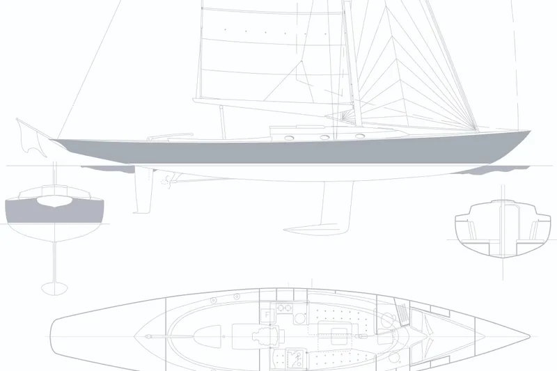 Bamboozle Yacht Photos Pics Blueprint of 2010 Spirit Yachts R46 sailboat, showcasing side and top views.
