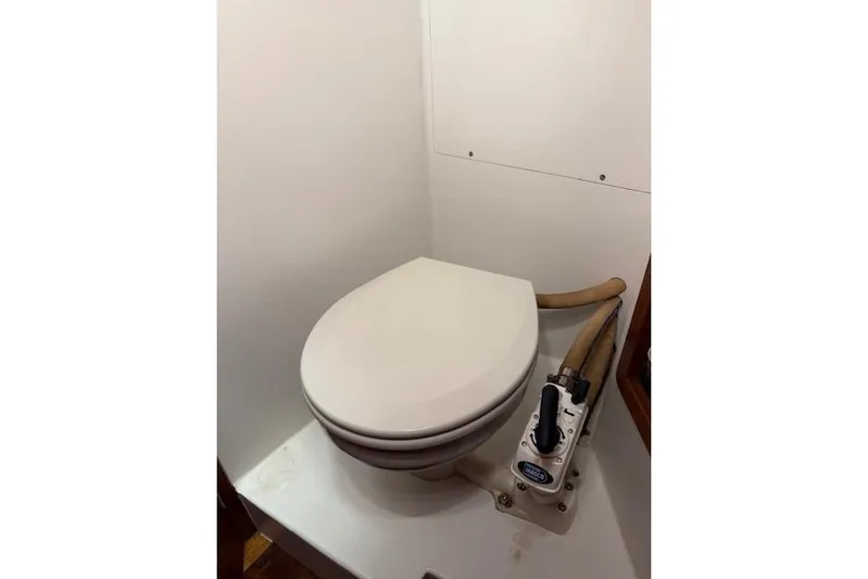 Bamboozle Yacht Photos Pics Toilet in 2010 Spirit Yachts R46, featuring a manual pump system.