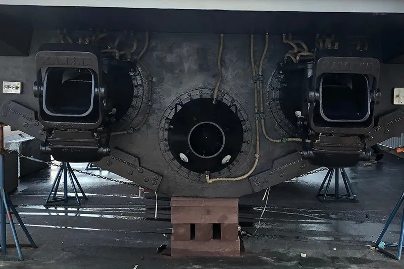 Interceptor Yacht Photos Pics Rear view of 2012 River Hawk 73 Sea Stryker Fast Patrol Boat propulsion system.