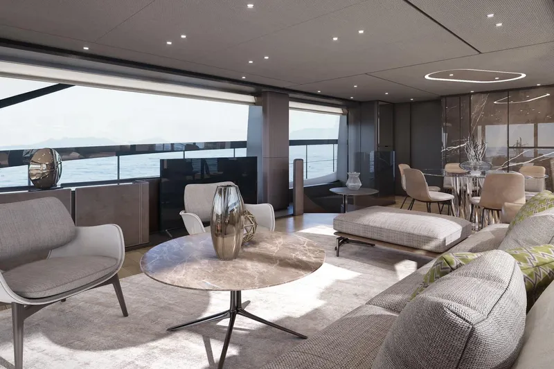  Yacht Photos Pics Luxurious interior of 2022 Ferretti Yachts 860, featuring elegant seating and modern decor.