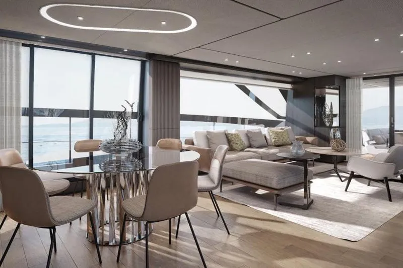  Yacht Photos Pics Luxurious interior of 2022 Ferretti Yachts 860, featuring modern dining and seating areas.