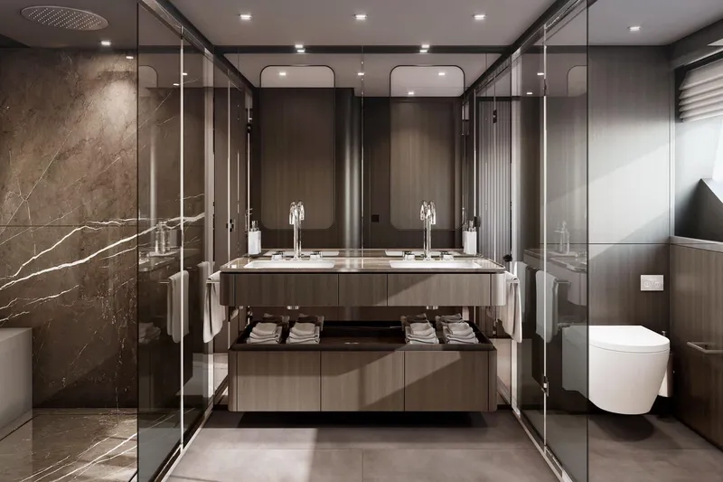 Yacht Photos Pics Luxurious bathroom in 2022 Ferretti Yachts 860, featuring modern design and elegant fixtures.