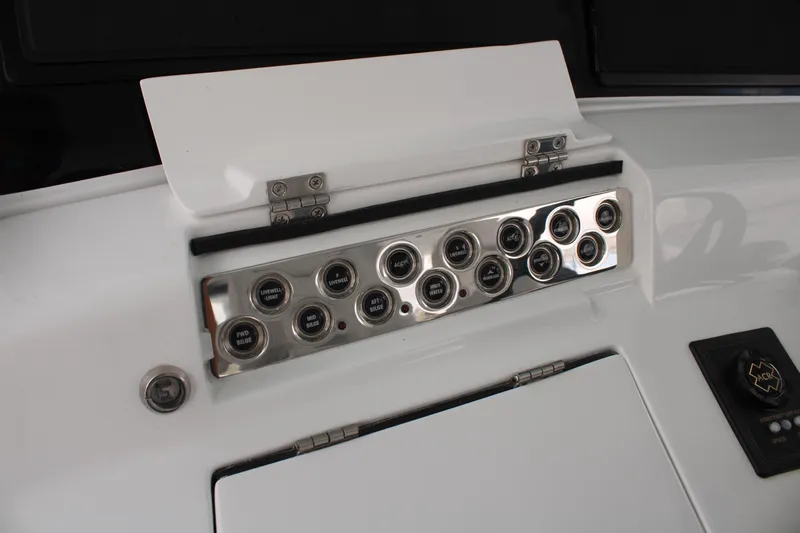 Hcb 53' Suenos Yacht Photos Pics 2024 HCB Suenos boat control panel with stainless steel buttons.