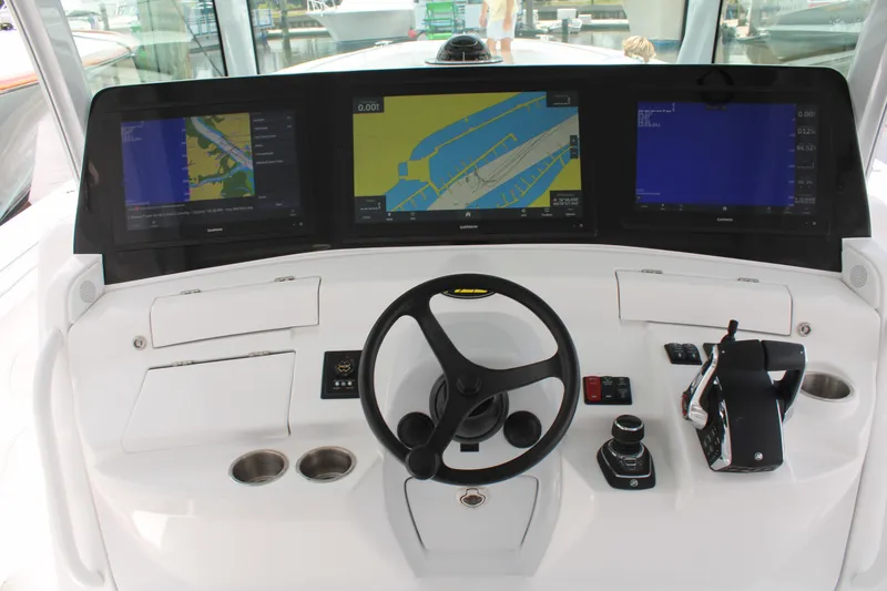 Hcb 53' Suenos Yacht Photos Pics 2024 HCB Suenos boat console with navigation screens.