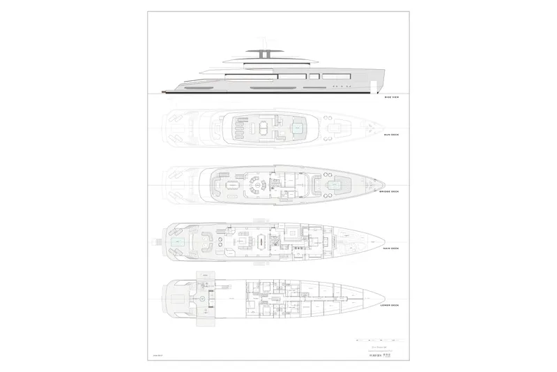 Sleek 52 Yacht Photos Pics Blueprint of Tureddi Sleek 52 yacht, 2028 model, showing side and deck views.