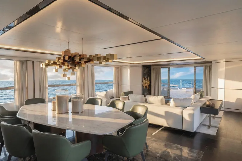 Sleek 52 Yacht Photos Pics Luxurious Tureddi Sleek 52 yacht interior with elegant dining and lounge area, ocean view, 2028 model.