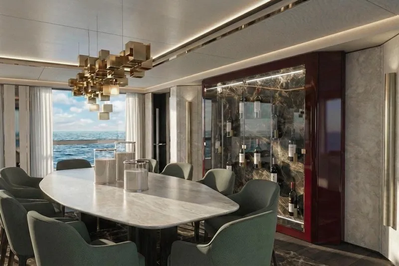 Sleek 52 Yacht Photos Pics Luxurious dining area on Tureddi Sleek 52 yacht, featuring elegant decor and ocean view.