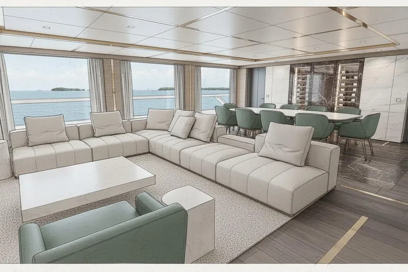 Sleek 52 Yacht Photos Pics Luxurious yacht interior with modern seating, dining area, and ocean view, Tureddi Sleek 52, 2028.