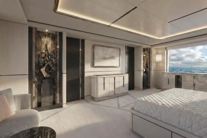 Sleek 52 Yacht Photos Pics Luxurious bedroom interior of Tureddi Sleek 52 yacht, 2028 model, with ocean view.