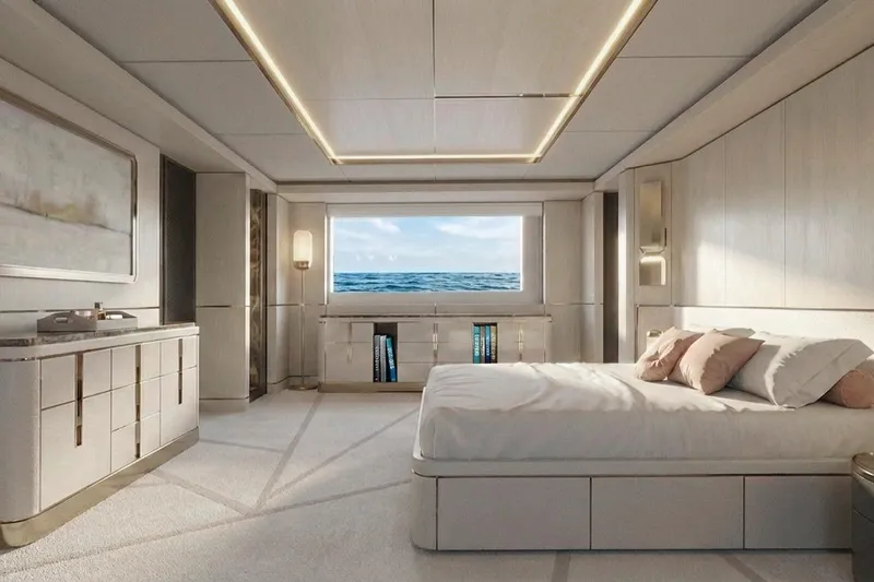 Sleek 52 Yacht Photos Pics Luxurious Tureddi Sleek 52 yacht bedroom with ocean view, modern design, and elegant furnishings.