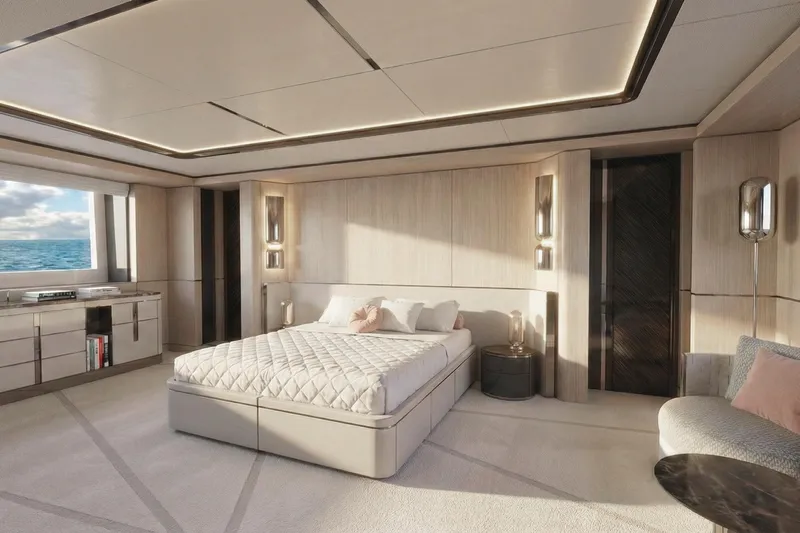 Sleek 52 Yacht Photos Pics Luxurious bedroom interior on Tureddi Sleek 52 yacht, 2028 model, with ocean view.