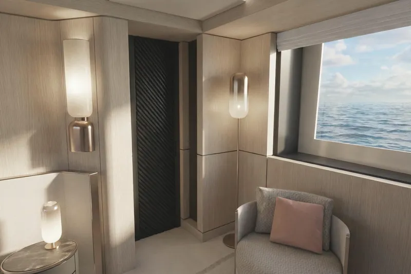 Sleek 52 Yacht Photos Pics Luxurious Tureddi Sleek 52 yacht interior with ocean view, modern lighting, and elegant decor, 2028 model.