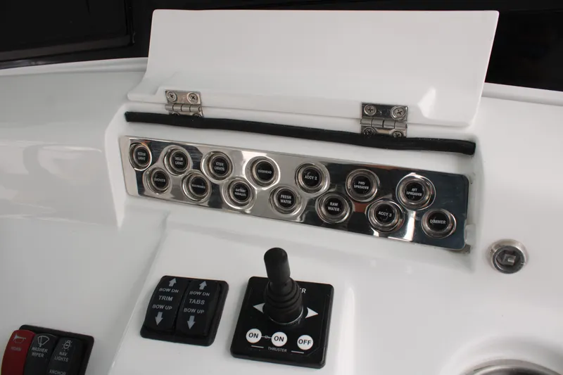 Hcb 53' Suenos Yacht Photos Pics 2024 HCB Suenos boat control panel with switches and joystick.
