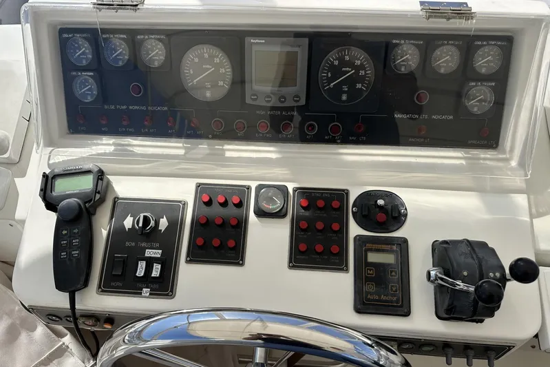 Euphoria Yacht Photos Pics Boat control panel with gauges and switches, Johnson 70 model, 2001.