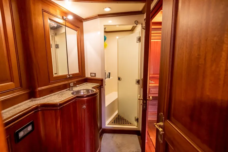Essence Yacht Photos Pics Luxurious wooden bathroom interior on a 2006 Vicem 85 Classic yacht.