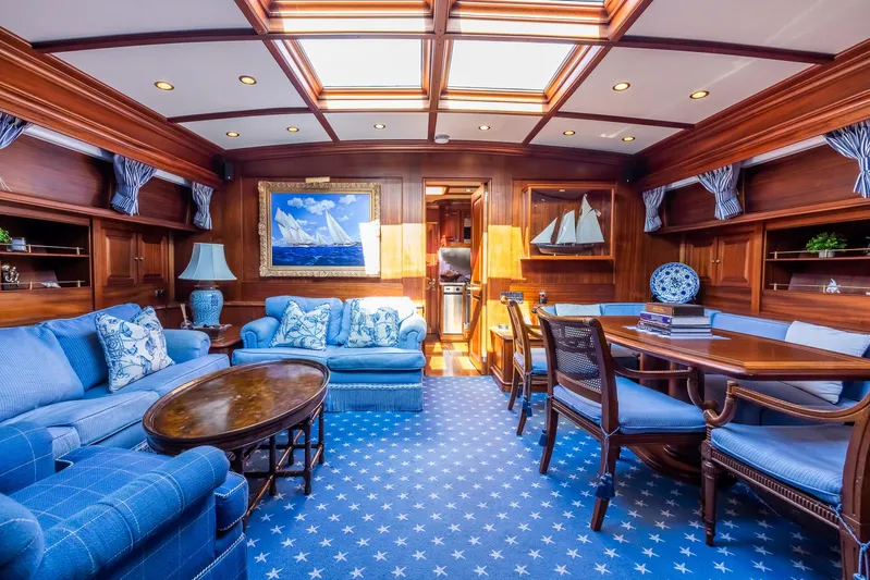 Essence Yacht Photos Pics Luxurious interior of 2006 Vicem 85 Classic yacht with elegant wood paneling and blue furnishings.