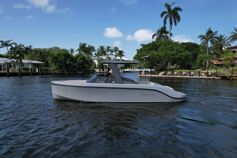 Rand Leisure 28 Yacht Photos Pics 2021 Rand Leisure boat cruising on a tropical waterway with palm trees in the background.