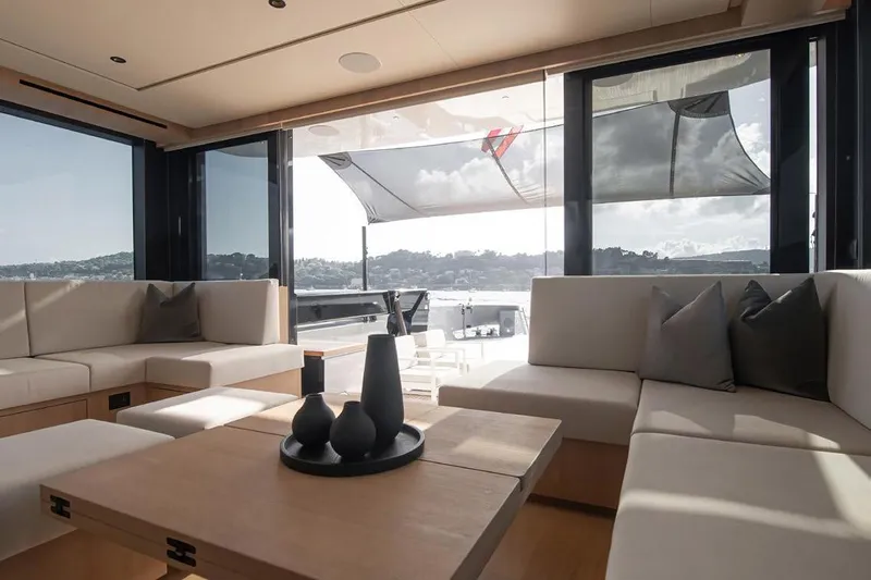 Crossover 27 #1 Yacht Photos Pics Luxurious interior of 2024 Lynx Crossover 27 yacht with modern seating and scenic views.