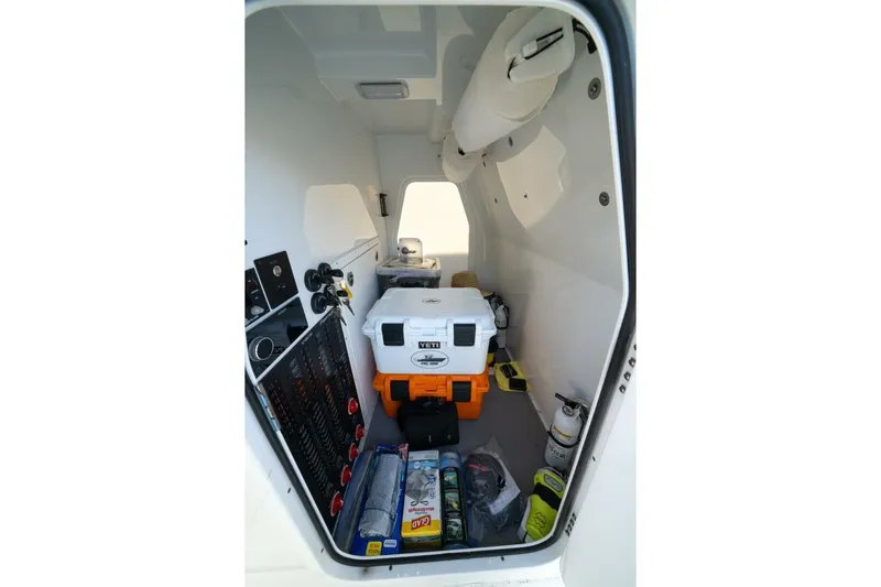 Full Send Yacht Photos Pics Interior of 2024 Freeman 38 boat with storage and equipment.