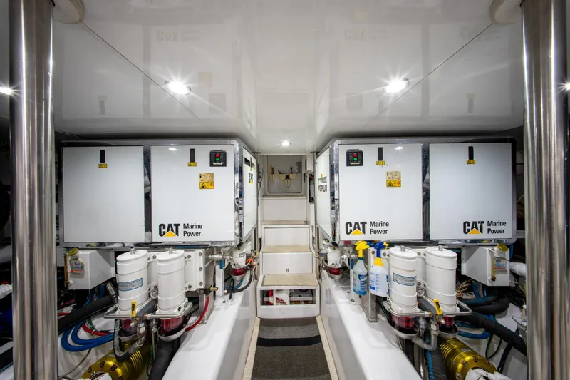  Yacht Photos Pics Engine room of 1998 Donzi R73 yacht with CAT Marine Power systems.