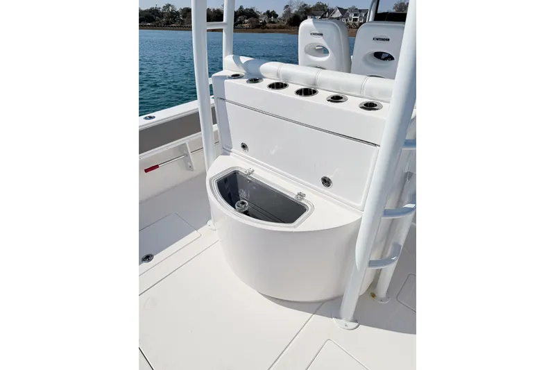  Yacht Photos Pics 2024 Contender 39 ST boat interior with rod holders and storage compartment.