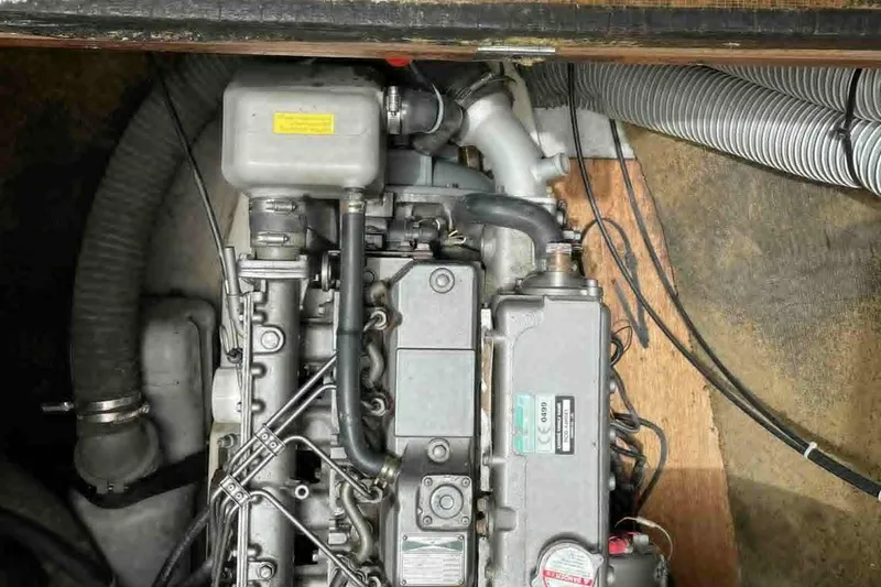  Yacht Photos Pics Engine compartment of a 2007 Lagoon 440 catamaran, showing detailed mechanical components.