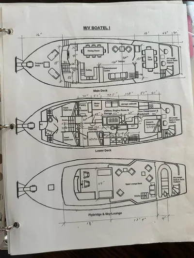 Boatel I Yacht Photos Pics Floor plans of a 1998 Custom 65 Foot Trawler, showing main, lower, and flybridge decks.
